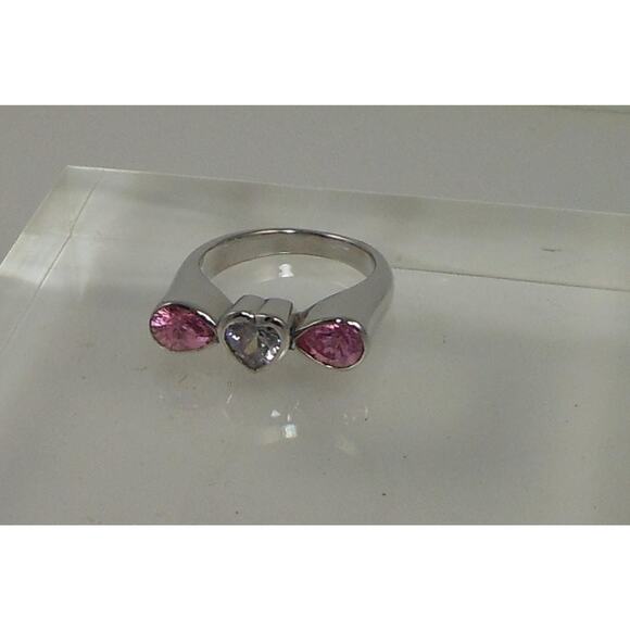 Vintage 1990s Sterling Silver Heart Ring Size 8.75 Pink Ice Simulated Diamond - Picture 1 of 10